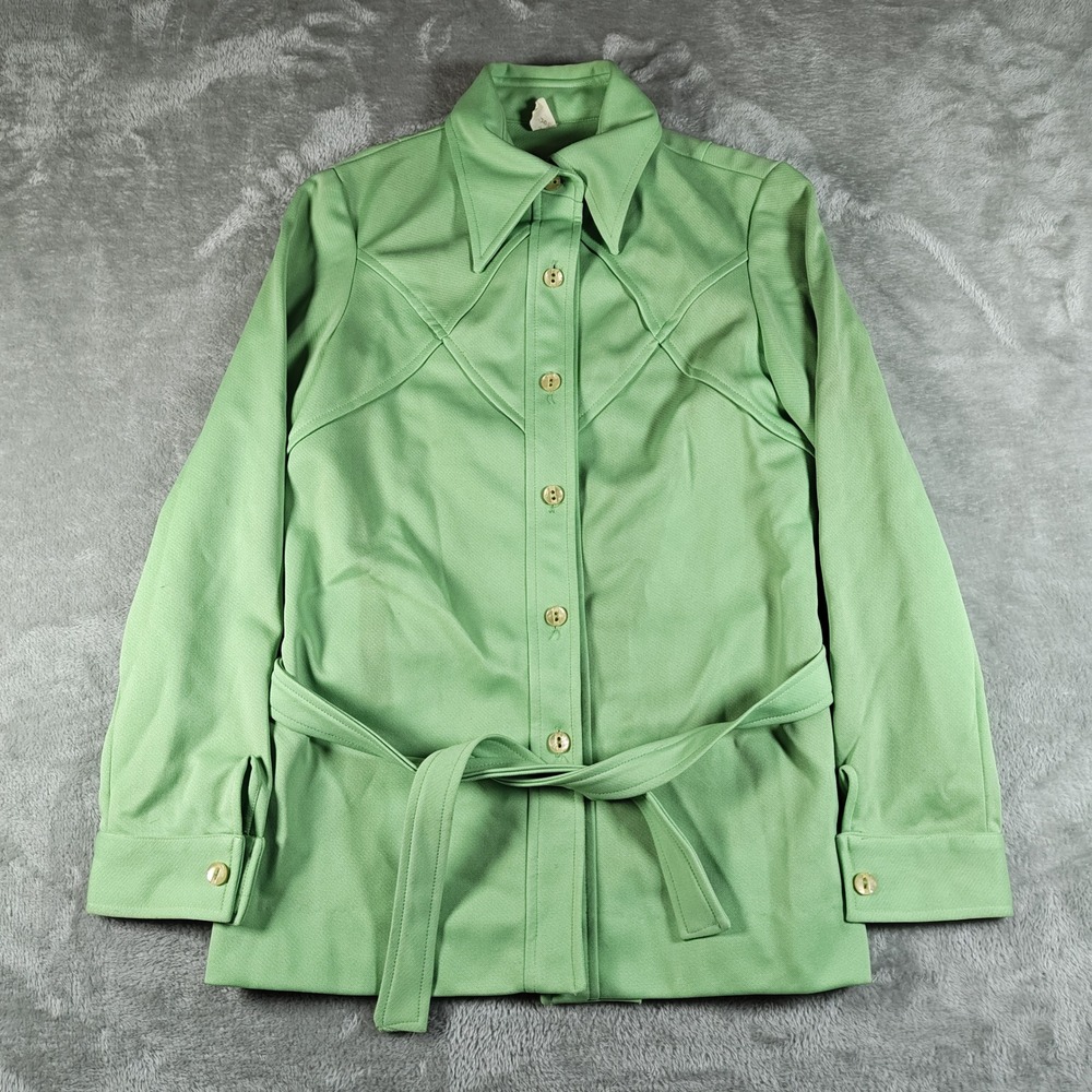 Vintage Shirt Jacket Womens Small 70s Dagger Collar Disco Belted Safari Mod